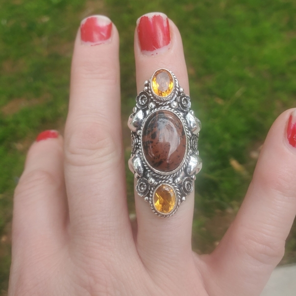 New Witchy Mahogany Obsidian & Citrine 925 Silver Statement Ring. - Picture 5 of 16